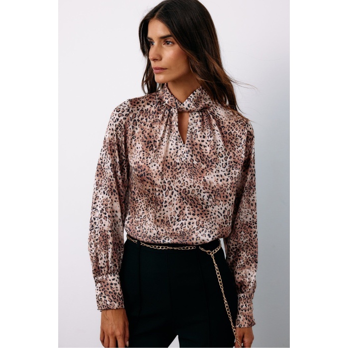 Detaylı Yaka Leopar Desenli Bluz - BEJ