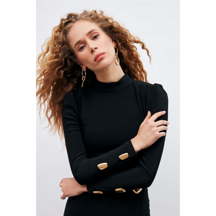 Düğme Detaylı Crop Bluz - Siyah