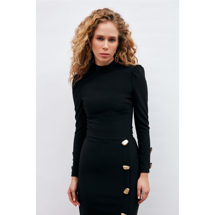 Düğme Detaylı Crop Bluz - Siyah