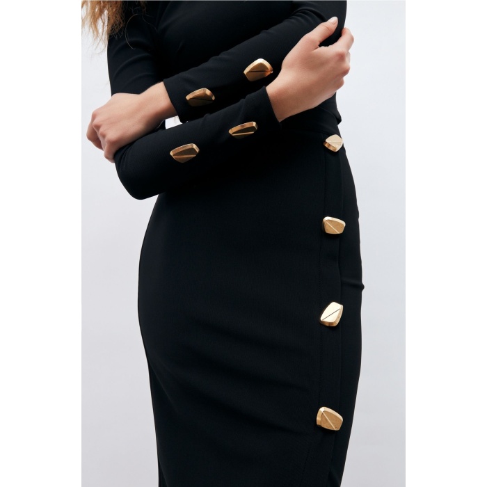 Düğme Detaylı Crop Bluz - Siyah