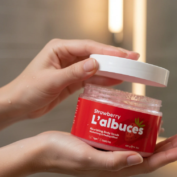 Strawberry Body Scrub 400gr – Vegan, Temiz İçerikli, Çilek Kokulu Pürüzsüz Cilt Bakımı