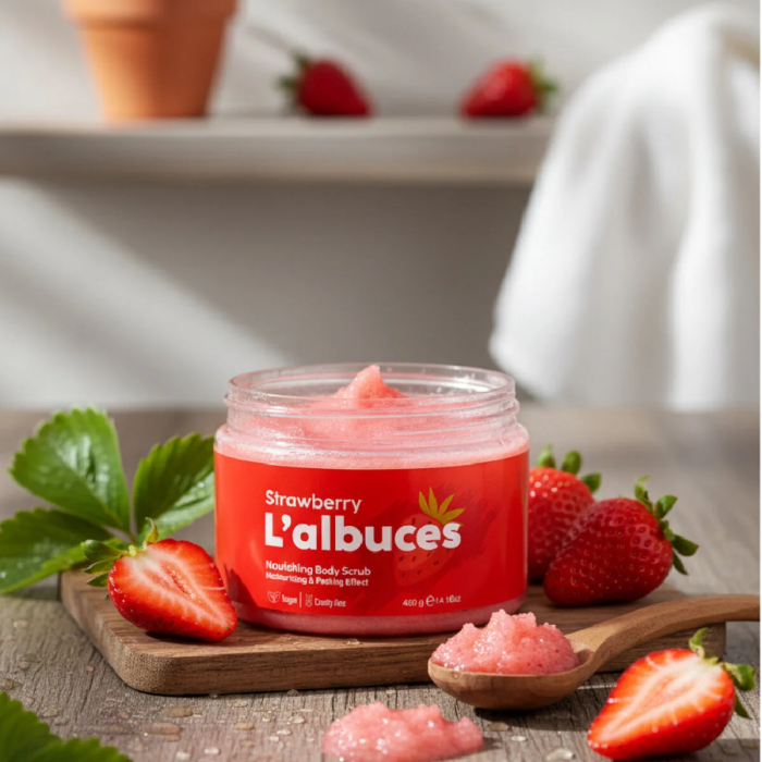 Strawberry Body Scrub 400gr – Vegan, Temiz İçerikli, Çilek Kokulu Pürüzsüz Cilt Bakımı