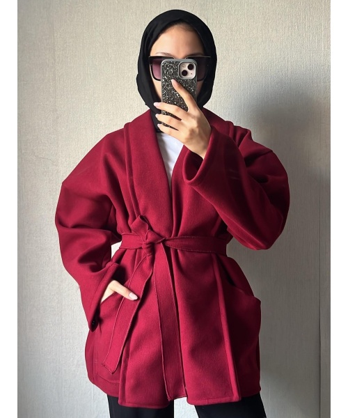 Dik Yaka Cepli Kaşe bordo