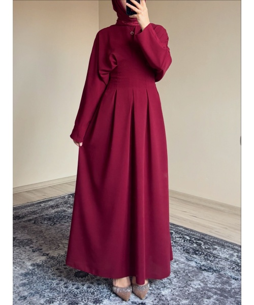 Belden Oturtmalı Bordo Elbise