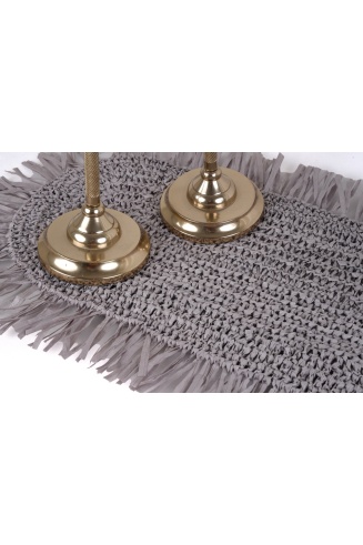 El Örgüsü Püsküllü Oval Runner – Doğal & Bohem Tasarım Gri