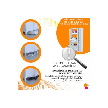 MODİLAYN Mis Urla YENİCE Çok Amaçlı Banyo Dolabı 90 x 183,5 x 32 cm Kirli Çamaşır Sepetli Dolap