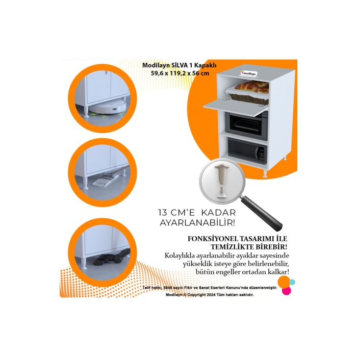 Silva Tek Kapaklı 59,6 x 119,2 x 56 cm Mini Fırın Mikrodalga Fırın Dolabı Çok Amaçlı Mutfak Dolabı