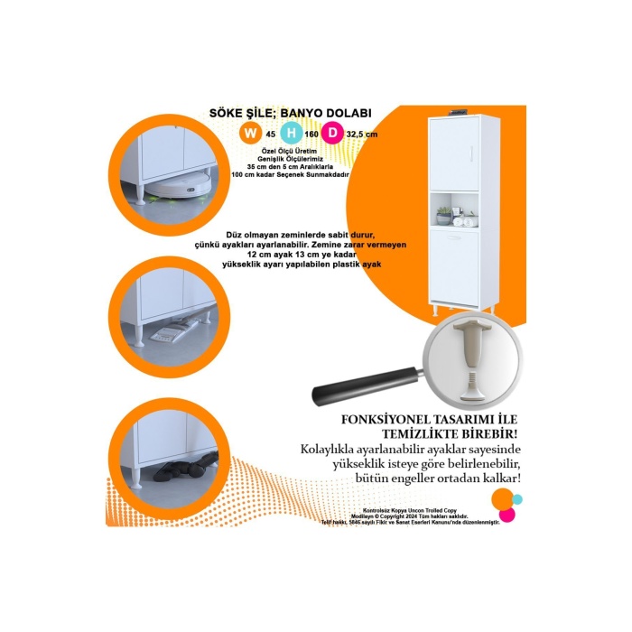 Söke Şile 45 X 160 X 32,5 Cm 3 Raflı 1 Kapaklı Kirli Çamaşır Bölmeli Banyo Dolabı