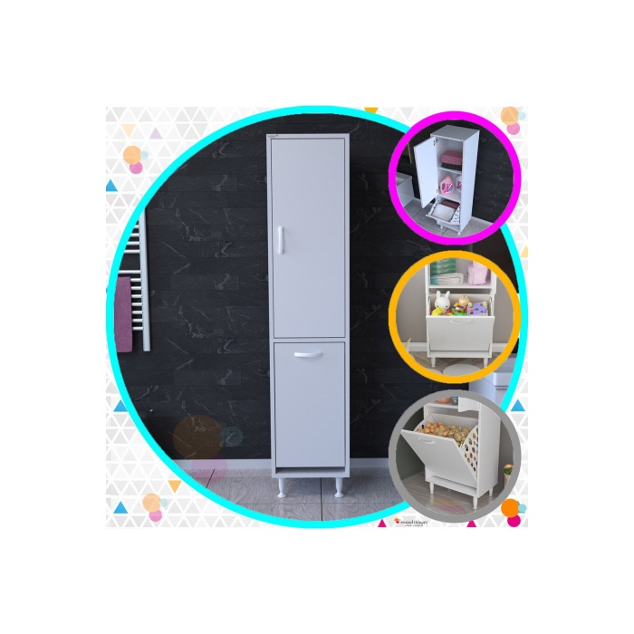 MODİLAYN Alaçatı 35 x 160 cm Çamaşır Sepetli Dolap Banyo Dolabı Temizlik Deterjan Dolabı