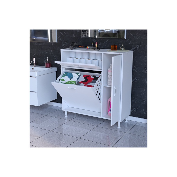 MODİLAYN YENİCE Çok Amaçlı Banyo Dolabı 90 x 97.5 x 32 cm Kirli Çamaşır Sepetli Dolap
