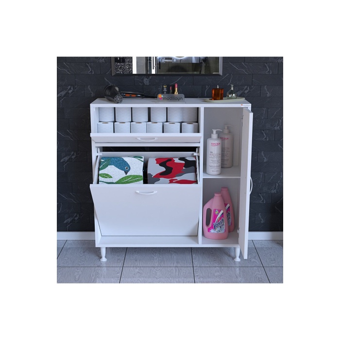 MODİLAYN YENİCE Çok Amaçlı Banyo Dolabı 90 x 97.5 x 32 cm Kirli Çamaşır Sepetli Dolap