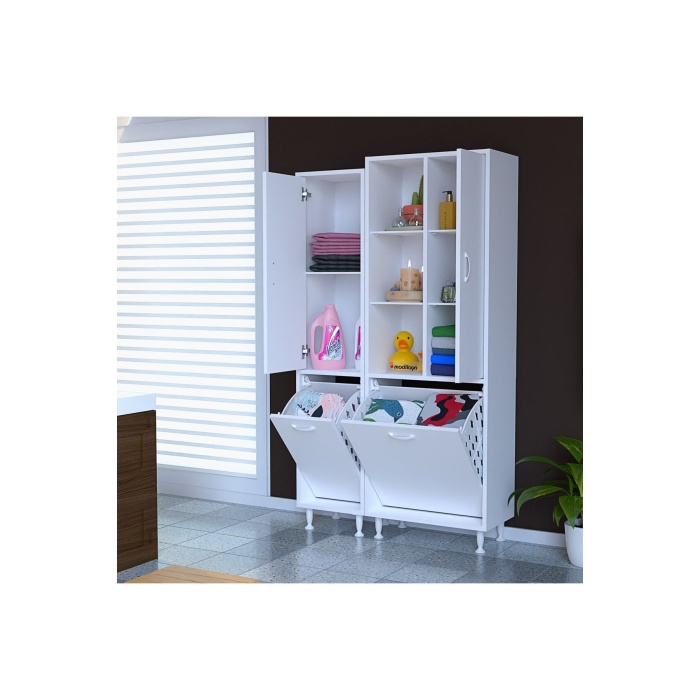 Alaçatı Inci 90x160x32 Banyo Dolabı Çok Amaçlı Dolap Kirli Çamaşır Sepetli Dolap