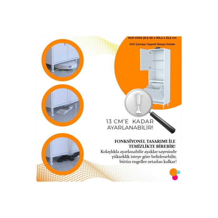 50 x 163,4 x 32,5 cm 2 Kapak 3 Bölmeli Sepetli Banyo Dolabı Mutfak Dolabı Çok Amaçlı Dolap