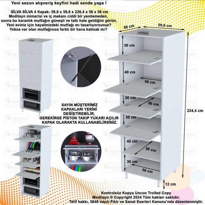 Silva Silva 4 Kapak 59,6 x 226,4 x 56 cm 6 Derin Göz Raf Mini Mikrodalga Fırın Dolabı Mutfak Dolabı