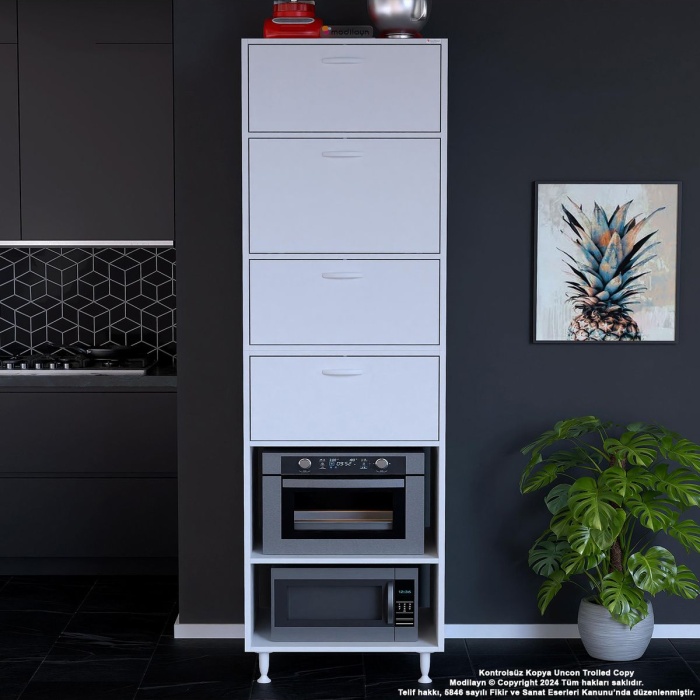 Silva Silva 4 Kapak 59,6 x 226,4 x 56 cm 6 Derin Göz Raf Mini Mikrodalga Fırın Dolabı Mutfak Dolabı