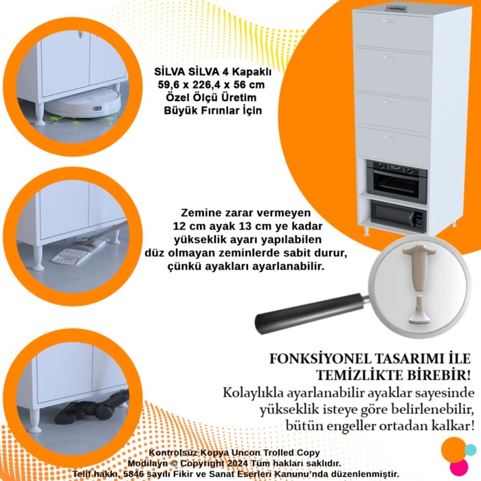 Silva Silva 4 Kapak 59,6 x 226,4 x 56 cm 6 Derin Göz Raf Mini Mikrodalga Fırın Dolabı Mutfak Dolabı