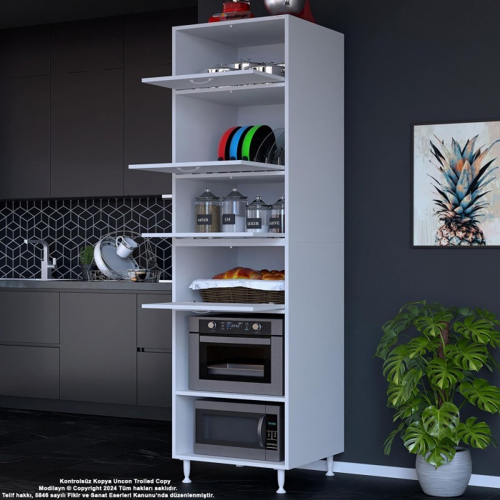 Silva Silva 4 Kapak 59,6 x 226,4 x 56 cm 6 Derin Göz Raf Mini Mikrodalga Fırın Dolabı Mutfak Dolabı