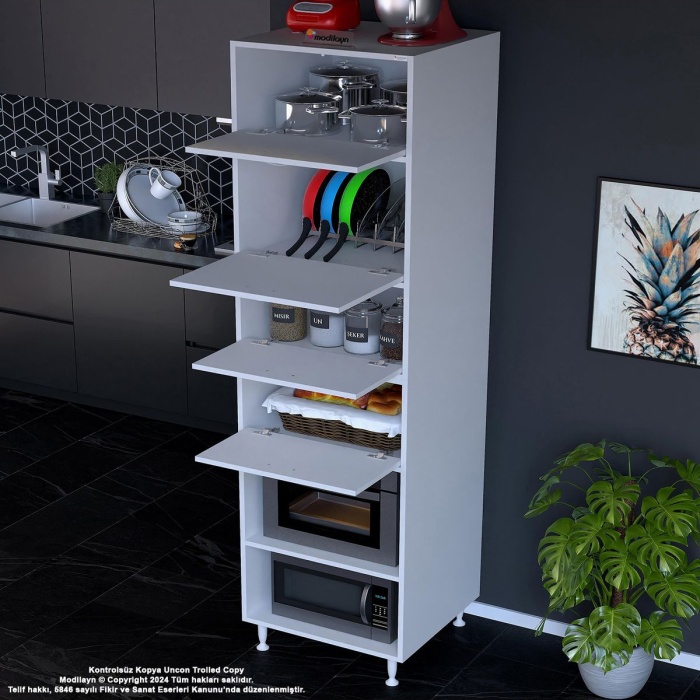 Silva Silva 4 Kapak 59,6 x 226,4 x 56 cm 6 Derin Göz Raf Mini Mikrodalga Fırın Dolabı Mutfak Dolabı