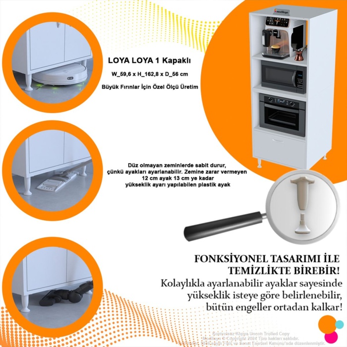 Loya Loya 1 Kapaklı 59,6 x 162,8 x 56 cm 4 Göz Bölmeli Mikrodalga Mini Fırın Dolabı Mutfak Dolabı