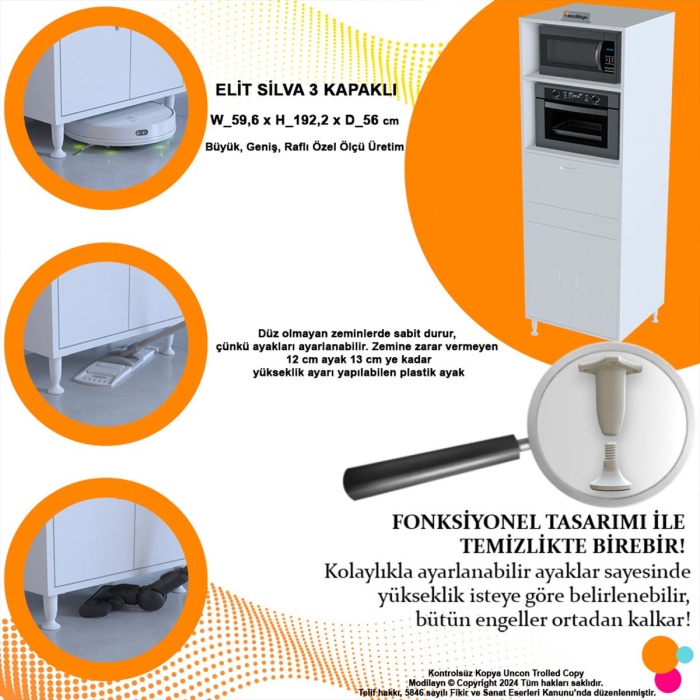 Elit Silva 2 Kapaklı 59,6 x 192,2 x 56 cm Mini Fırın Mikrodalga Dolabı Çok Amaçlı Mutfak Dolabı