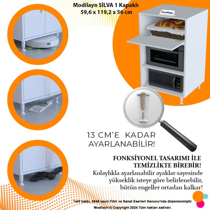 Silva Tek Kapaklı 59,6 x 119,2 x 56 cm Mini Fırın Mikrodalga Fırın Dolabı Çok Amaçlı Mutfak Dolabı