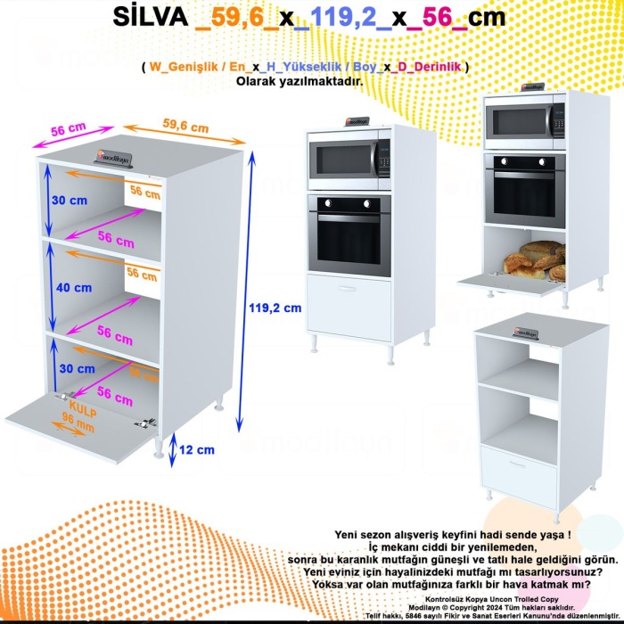 Silva 1 Kapaklı 59,6 x 119,2 x 56 cm Mini Fırın Mikrodalga Fırın Dolabı Çok Amaçlı Mutfak Dolabı