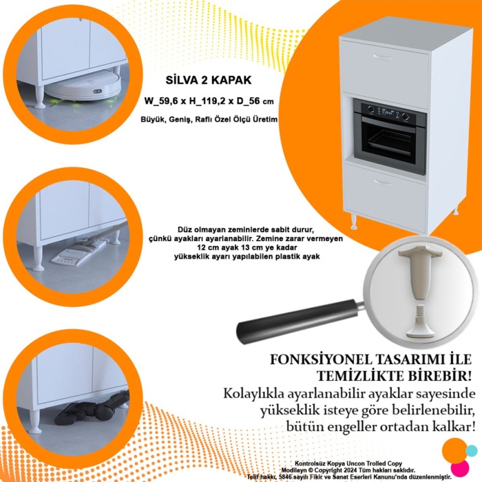 Silva 59,6 X 119,2 X 56 Cm Çift Kapaklı Ankastre Fırın Ve Mutfak Dolabı