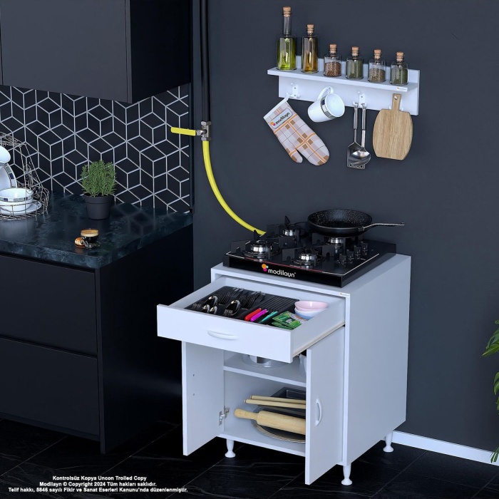 Birce L-65 X 87 X 48 Cm Kapaklı Set Ocak Altı Dolap Ve Baharat Rafı