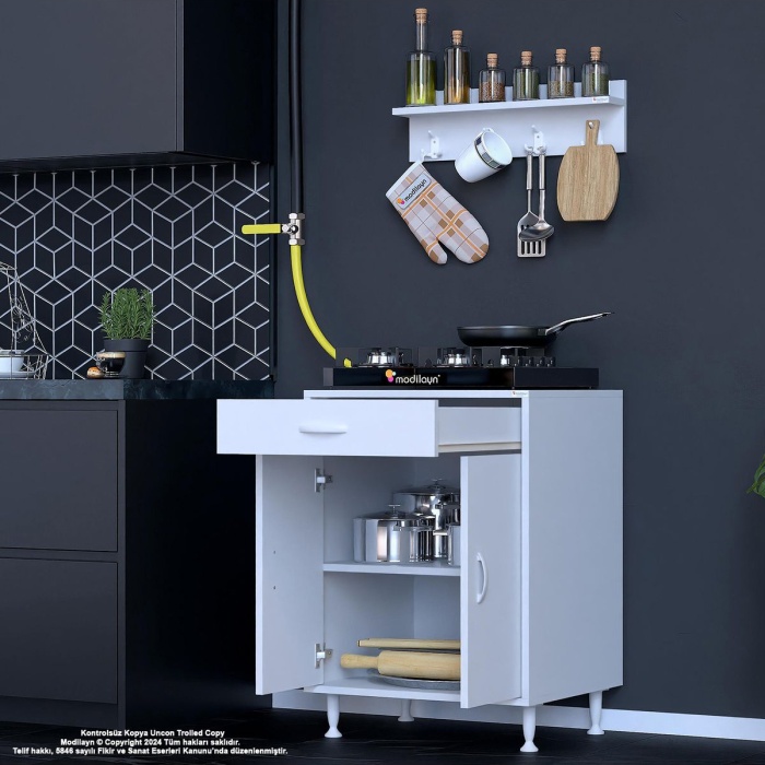 Birce L-65 X 87 X 48 Cm Kapaklı Set Ocak Altı Dolap Ve Baharat Rafı