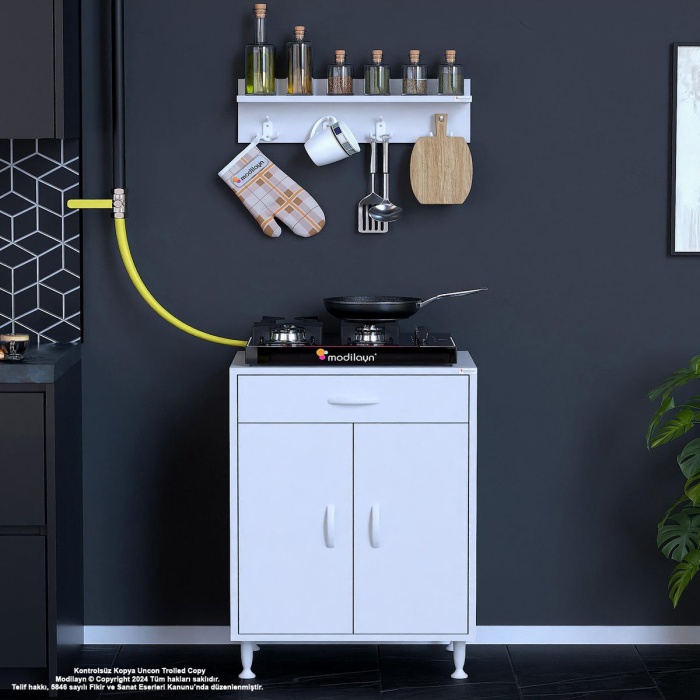 Birce L-65 X 87 X 48 Cm Kapaklı Set Ocak Altı Dolap Ve Baharat Rafı