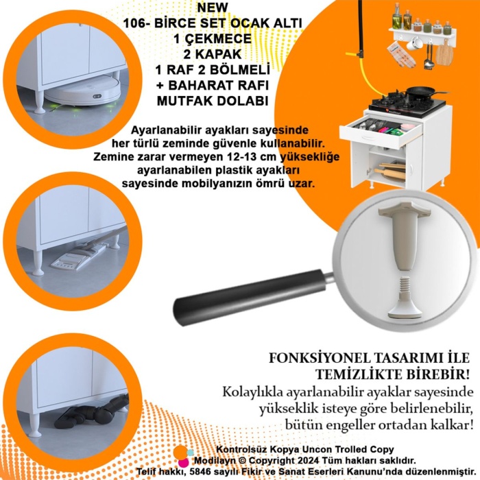 Birce L-65 X 87 X 48 Cm Kapaklı Set Ocak Altı Dolap Ve Baharat Rafı