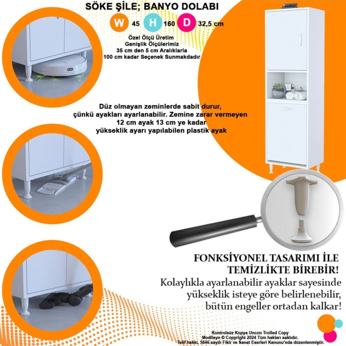 Söke Şile 45 X 160 X 32,5 Cm 3 Raflı 1 Kapaklı Kirli Çamaşır Bölmeli Banyo Dolabı