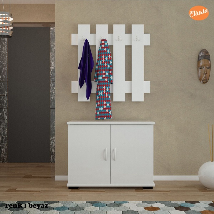 70x70 cm Askılık Ayakkabılık Antre Dolabı Çok Amaçlı Dolap Portmanto Ayakkabılık-BEYAZ