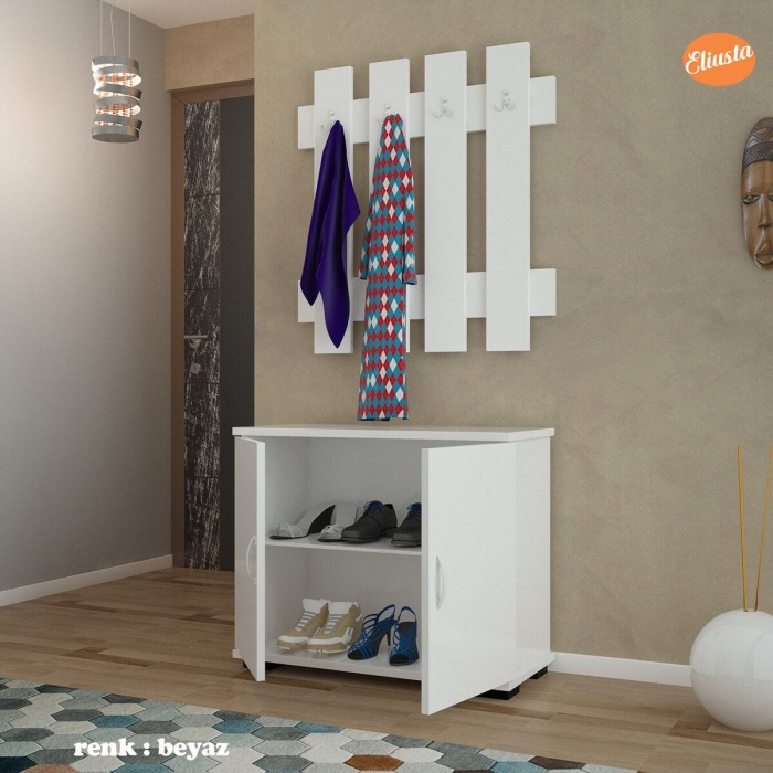 70x70 cm Askılık Ayakkabılık Antre Dolabı Çok Amaçlı Dolap Portmanto Ayakkabılık-BEYAZ