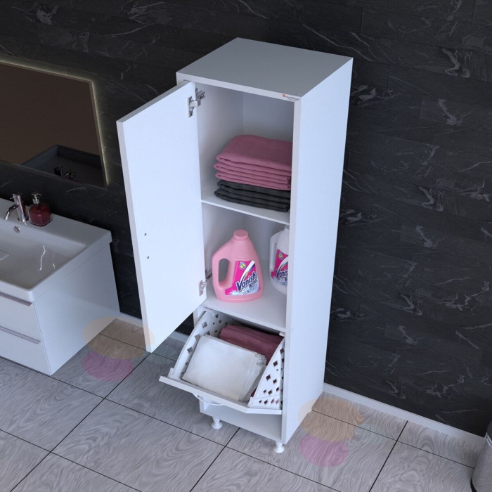 MODİLAYN Alaçatı 35 x 160 cm Çamaşır Sepetli Dolap Banyo Dolabı Temizlik Deterjan Dolabı