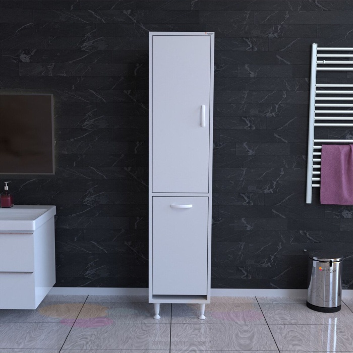 MODİLAYN Alaçatı 35 x 160 cm Çamaşır Sepetli Dolap Banyo Dolabı Temizlik Deterjan Dolabı