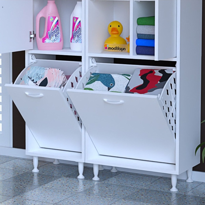 FORBEST İNCİ Çok Amaçlı Dolap Çamaşır Sepetli Dolap 3 Kapaklı Banyo Dolabı Mutfak Dolabı