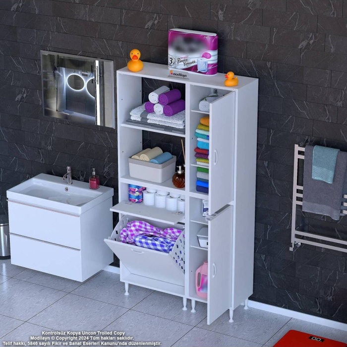 Mi?s Urla Yeni?ce 90 X 183,5 X 32cm Kirli Çamaşır Sepetli Banyo Dolabı 2 Kapaklı Banyo Dolabı