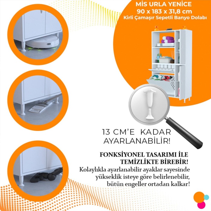 Mis Urla Yenice 90 x 183 x 31,5 cm Kirli Çamaşır Dolabı Sepetli Banyo Dolabı