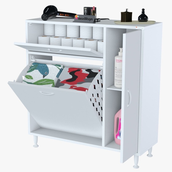 MODİLAYN YENİCE Çok Amaçlı Banyo Dolabı 90 x 97.5 x 32 cm Kirli Çamaşır Sepetli Dolap