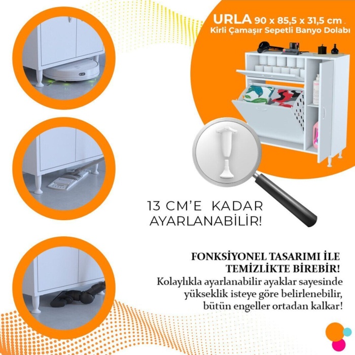 MODİLAYN YENİCE Çok Amaçlı Banyo Dolabı 90 x 97.5 x 32 cm Kirli Çamaşır Sepetli Dolap