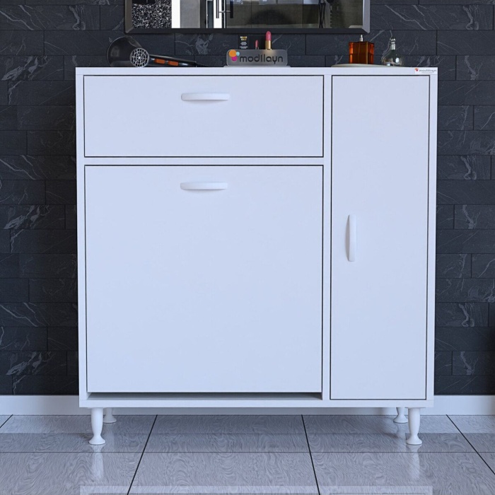 MODİLAYN YENİCE Çok Amaçlı Banyo Dolabı 90 x 97.5 x 32 cm Kirli Çamaşır Sepetli Dolap