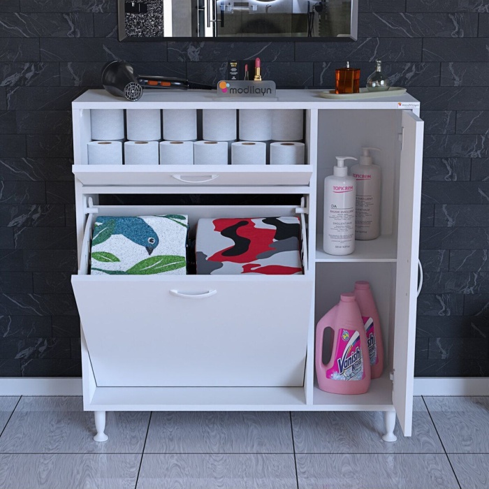 MODİLAYN YENİCE Çok Amaçlı Banyo Dolabı 90 x 97.5 x 32 cm Kirli Çamaşır Sepetli Dolap