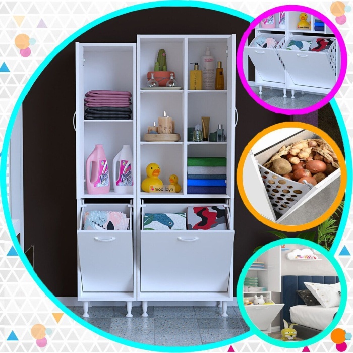 Alaçatı Inci 90x160x32 3 Kapaklı 2 Sepetli Banyo Dolabı Kirli Çamaşır Dolabı Mutfak Dolabı