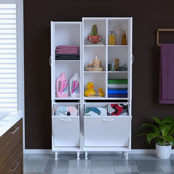 Alaçatı Inci 90x160x32 Banyo Dolabı Çok Amaçlı Dolap Kirli Çamaşır Sepetli Dolap