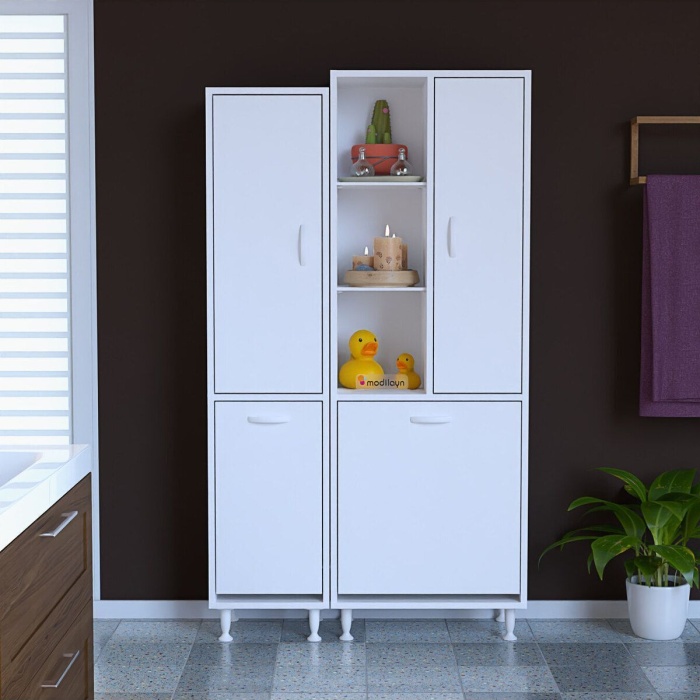 Alaçatı Inci 90x160x32 Banyo Dolabı Çok Amaçlı Dolap Kirli Çamaşır Sepetli Dolap