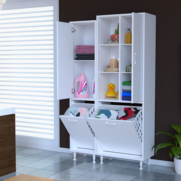 Alaçatı Inci 90x160x32 Banyo Dolabı Çok Amaçlı Dolap Kirli Çamaşır Sepetli Dolap