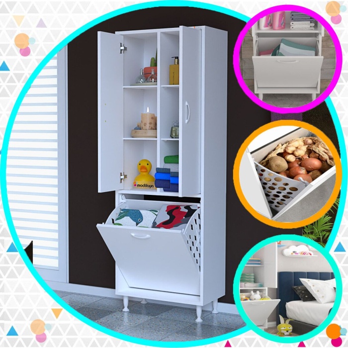 57 x 165 x30cm 3 Kapaklı Çok Amaçlı Mutfak Dolabı Sepetli Banyo Dolabı Oyuncak Dolabı