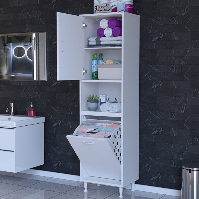 50 x 163,4 x 32,5 cm 2 Kapak 3 Bölmeli Sepetli Banyo Dolabı Mutfak Dolabı Çok Amaçlı Dolap