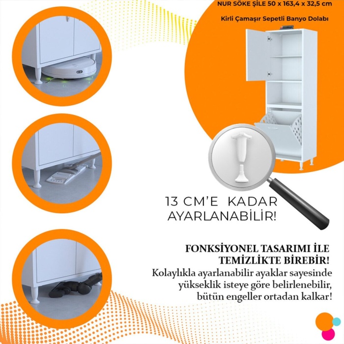 50 x 163,4 x 32,5 cm 2 Kapak 3 Bölmeli Sepetli Banyo Dolabı Mutfak Dolabı Çok Amaçlı Dolap